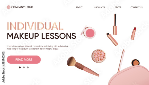Illustration of a set of cosmetics - lipstick, blushes, mascara, makeup brush, and pink cosmetic bag. Web page banner template