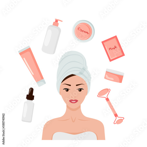 Everyday beauty routine, self love and self care concept. Cosmetic products and tools for face and body skin care. 