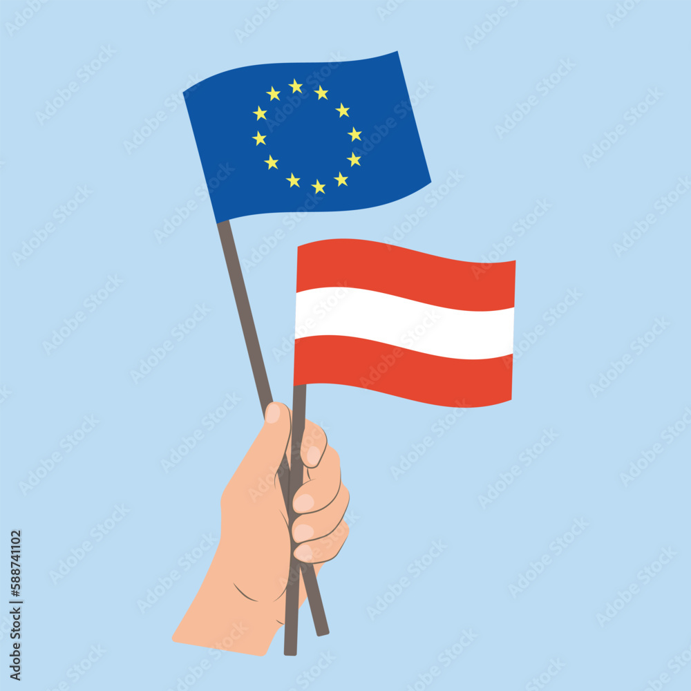Flags of EU and Austria, Hand Holding flags
