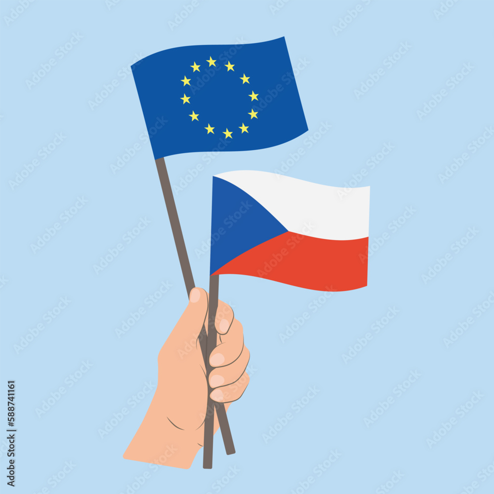 Flags of EU and Czech Republic, Hand Holding flags Flags of EU and Czech Republic, Hand Holding flags