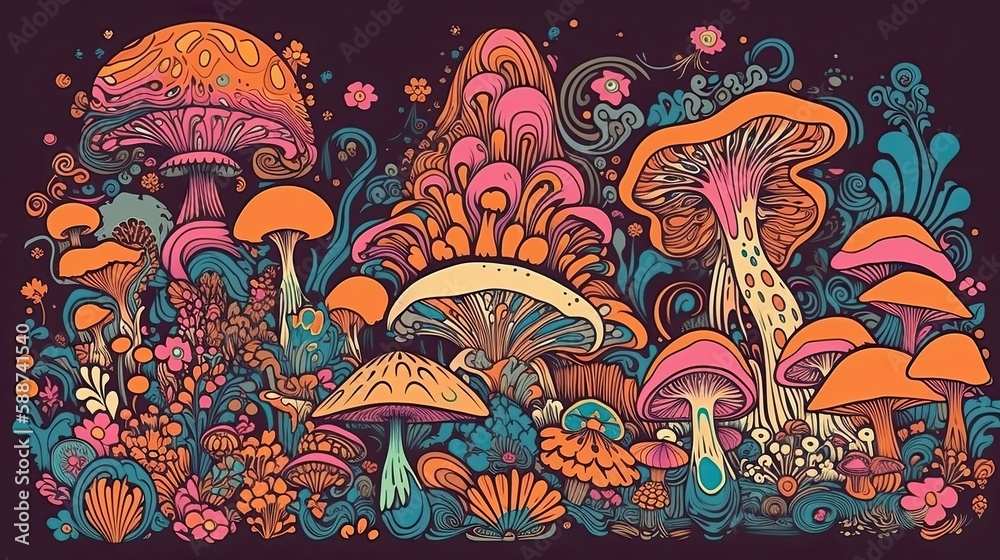 Vibrant Abstract Art: 60s-70s Retro Style Psychedelic Mushroom Clipart for a Trippy Experience. Generative AI Vibrant Abstract Art: 60s-70s Retro Style Psychedelic Mushroom Clipart for a Trippy Experience. Generative AI