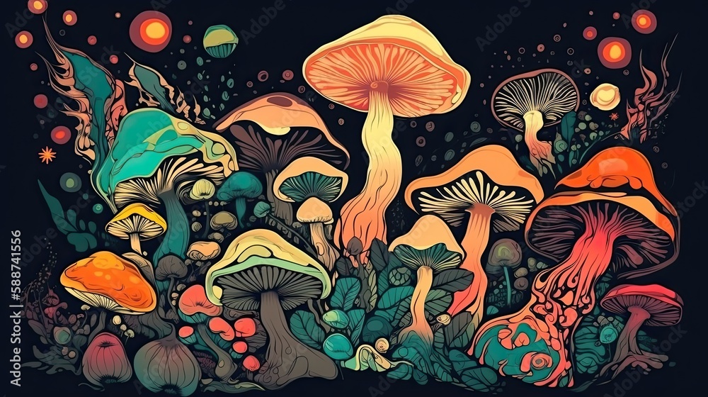 Vibrant Abstract Art: 60s-70s Retro Style Psychedelic Mushroom Clipart for a Trippy Experience. Generative AI