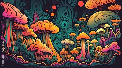 Vibrant Abstract Art  60s-70s Retro Style Psychedelic Mushroom Clipart for a Trippy Experience. Generative AI