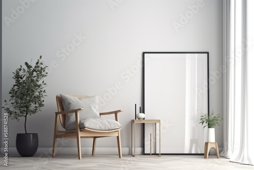 White Blank picture frame mockup on white wall. Modern living room design. View of modern style interior with chair, Generative AI 