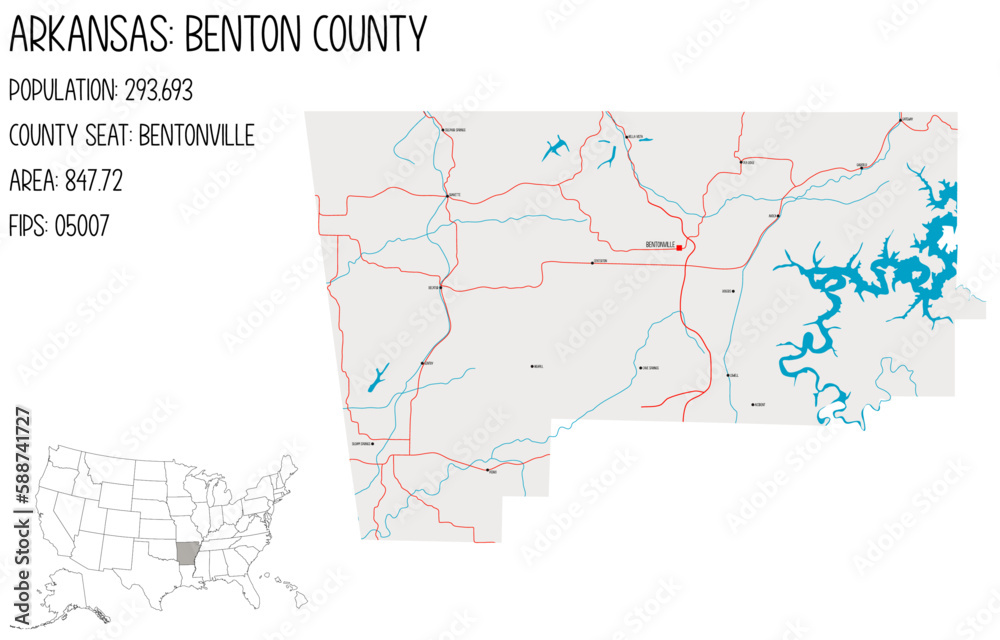 Large and detailed map of Benton County in Arkansas, USA.
