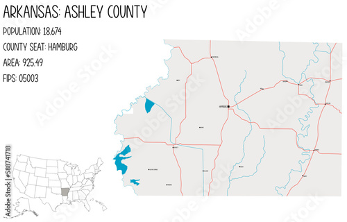 Large and detailed map of Ashley County in Arkansas, USA.