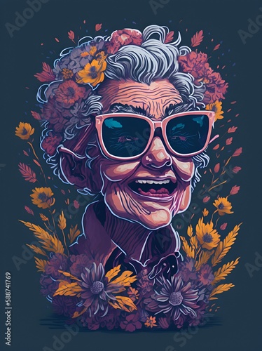 Happy granny in flowers splash. AI generated illustration