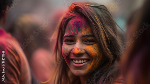 Young woman with big smile celebrating festival Holi. Created with Generative AI.