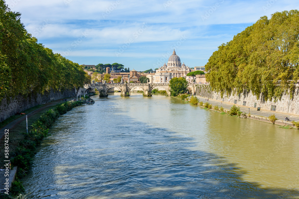 St Peter's basilica in Vatican and St. Angel bridge in Rome, Italy
