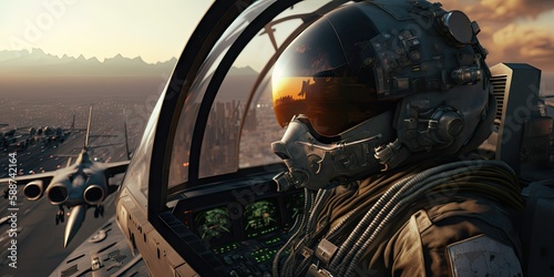 Slika na platnu Dogfight: Fighter Pilot in Cockpit of Fighter Jet Over City