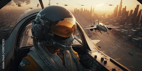 Canvas Print Dogfight: Fighter Pilot in Cockpit of Fighter Jet Over City