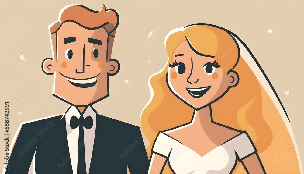 White just married couple, bride and groom, cartoon illustration, white bride and groom in fashionable clothing getting married. Wedding Ceremony, Contemporary white Groom and Bride Characters White just married couple, bride and groom, cartoon illustration, white bride and groom in fashionable clothing getting married. Wedding Ceremony, Contemporary white Groom and Bride Characters