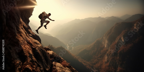 Climber jumping off a mountain cliff. Generative AI © Bartek