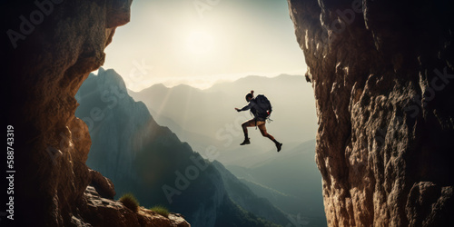 Climber jumping between mountain cliffs. Generative AI