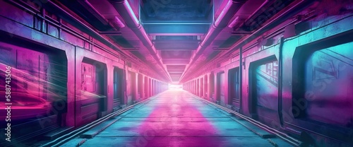 Beautiful neon night in a cyberpunk city. Photorealistic Generative AI illustration of the futuristic city. Perspective of street with blue and violet neon lights.