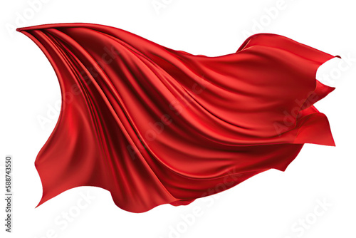 Flying red silk fabric. Ai. Waving satin cloth isolated on transparent background photo