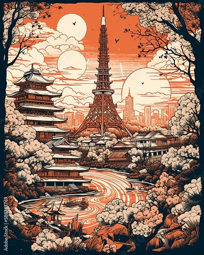 Fantasy Tokyo city surrealistic illustration poster. Creative interpretation of famous landmark and cityscape. Generative AI