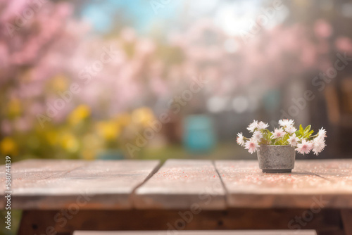 Empty Wooden Table with Bokeh Background in Spring Garden
