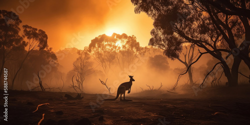 a kangaroo silhouette and an Australian bushfire. Generative AI