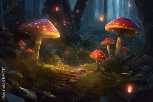 Fairytale Magical Forest with Glowing Mushrooms at Night