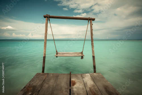 Wooden Swing Overlooking Turquoise Sea photo