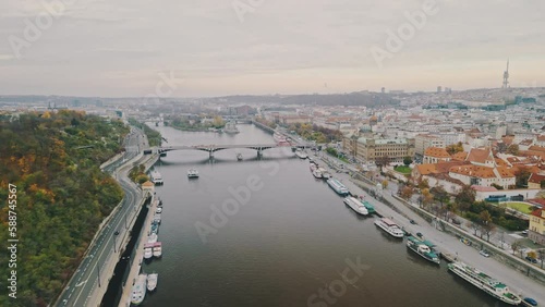 Wallpaper Mural Beautiful Aerial Panoramic Fly Around Vltava River, Prague Old Town, Czech Republic. Central Europe. Mala Strana. Sunlight. Drone Footage. Top view Torontodigital.ca