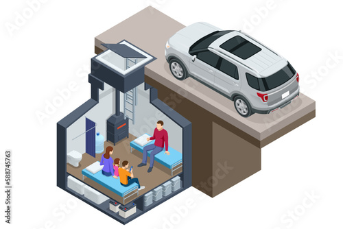 Isometric concrete bomb shelter, Bunker, bombproof shelter, air-raid shelter. Underground bomb shelter with beds, a supply of food for the survival of people during a war or nuclear contamination