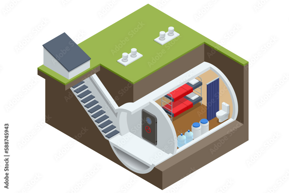 Isometric concrete bomb shelter, Bunker, bombproof shelter, air-raid shelter. Underground bomb shelter with beds, a supply of food for the survival of people during a war or nuclear contamination Isometric concrete bomb shelter, Bunker, bombproof shelter, air-raid shelter. Underground bomb shelter with beds, a supply of food for the survival of people during a war or nuclear contamination