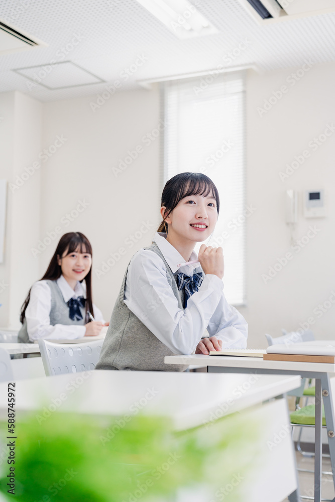 教室でにこやかに授業を受ける女子高生 教室でにこやかに授業を受ける女子高生