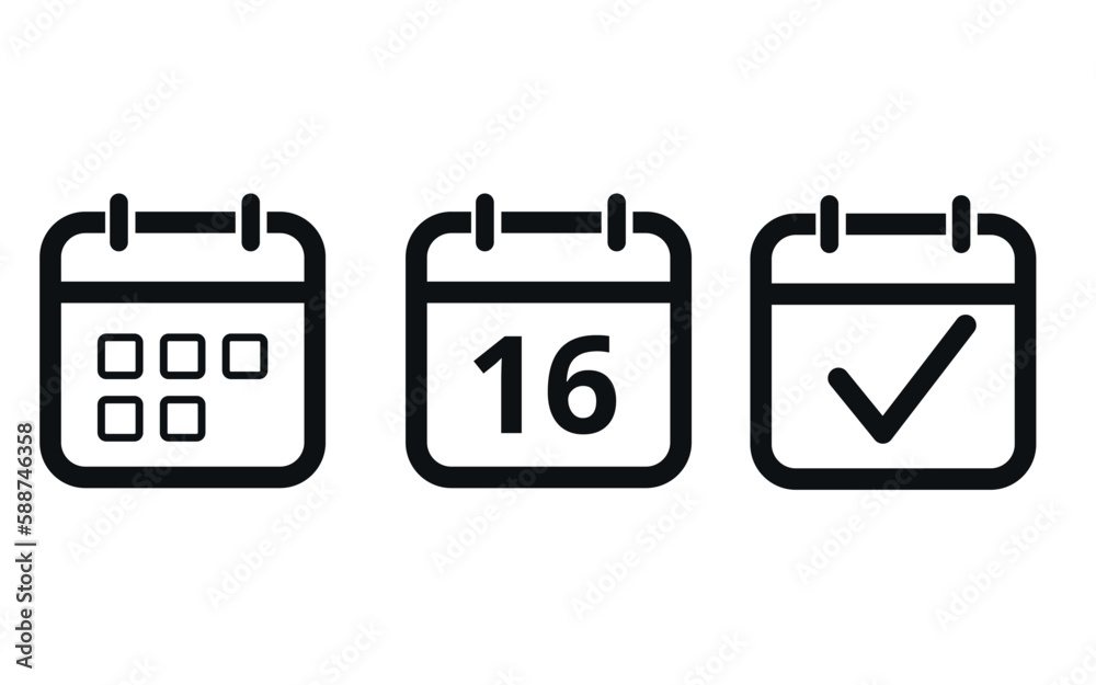 Calendar icon templates in gray color hollow out isolated on white background. Icon with checkmark sign. Calendar vector flat icon. Specific day calendar icon marking day 16. Calendar icon templates in gray color hollow out isolated on white background. Icon with checkmark sign. Calendar vector flat icon. Specific day calendar icon marking day 16.