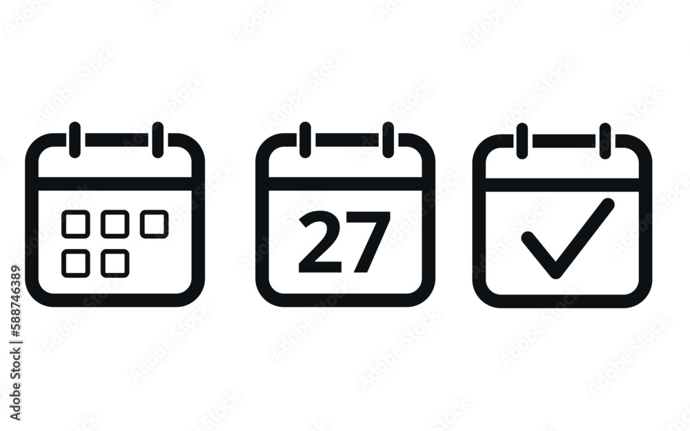 Calendar icon templates in gray color hollow out isolated on white background. Icon with checkmark sign. Calendar vector flat icon. Specific day calendar icon marking day 27. Calendar icon templates in gray color hollow out isolated on white background. Icon with checkmark sign. Calendar vector flat icon. Specific day calendar icon marking day 27.