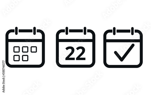 Calendar icon templates in gray color hollow out isolated on white background. Icon with checkmark sign. Calendar vector flat icon. Specific day calendar icon marking day 22.