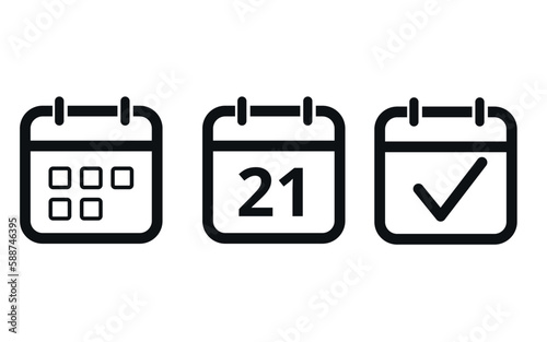 Calendar icon templates in gray color hollow out isolated on white background. Icon with checkmark sign. Calendar vector flat icon. Specific day calendar icon marking day 21.