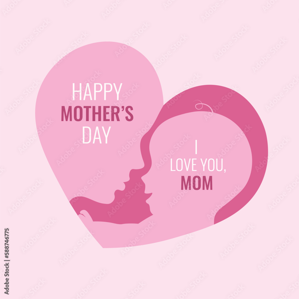 Pink Heart of Mother and Baby silhouettes. Happy Mothers Day Card Pink Heart of Mother and Baby silhouettes. Happy Mothers Day Card