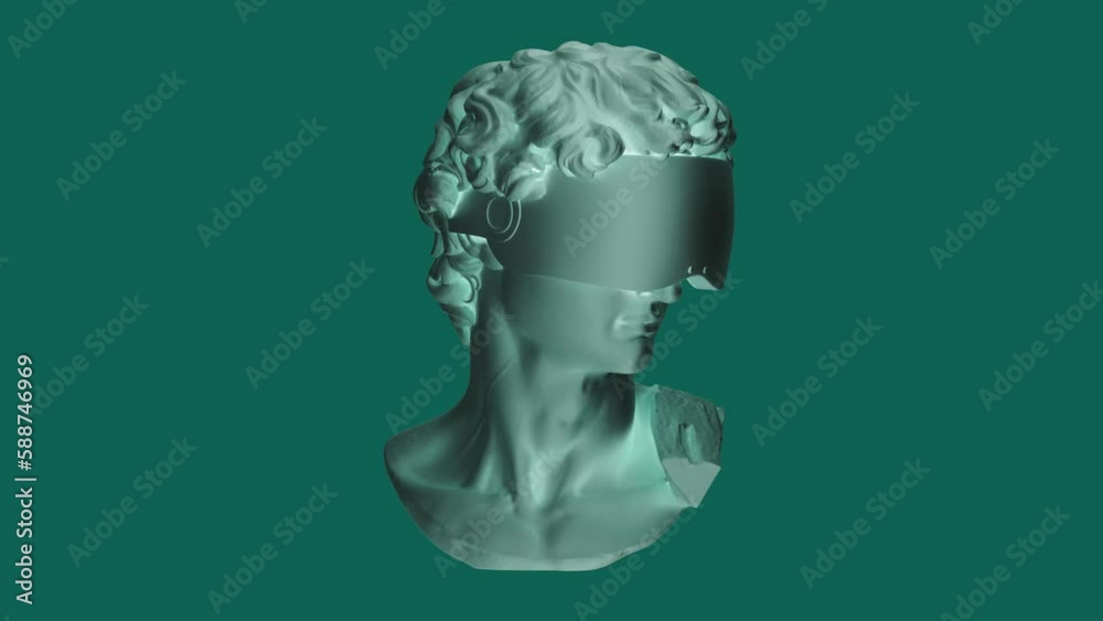 3D Multicolored Rotating David Head In VR Glasses Animation. Abstract Futuristic Michelangelo's David Sculpture In Modern Art Style. NFT Cryptoart Concept. 4K 3D Multicolored Rotating David Head In VR Glasses Animation. Abstract Futuristic Michelangelo's David Sculpture In Modern Art Style. NFT Cryptoart Concept. 4K