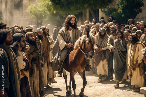 Jesus christ riding a donkey into jerusalem.Ai generativ. photo