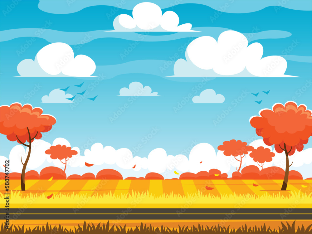 Rural landscape with field and grass in autumn. Orange area with blue sky and clouds. Rural road on the background of an field. Vector graphics
