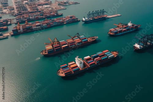 container port with a cargo ship and cranes.Generative AI