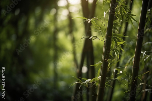 fresh  green bamboo trees in a forest with a blurred background. ai generative