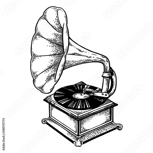 Old fashioned gramophone engraving PNG illustration with transparent background photo