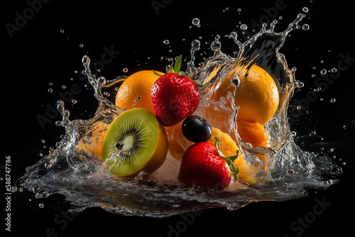 Fruit and berry splash in water on a black background. ai generative