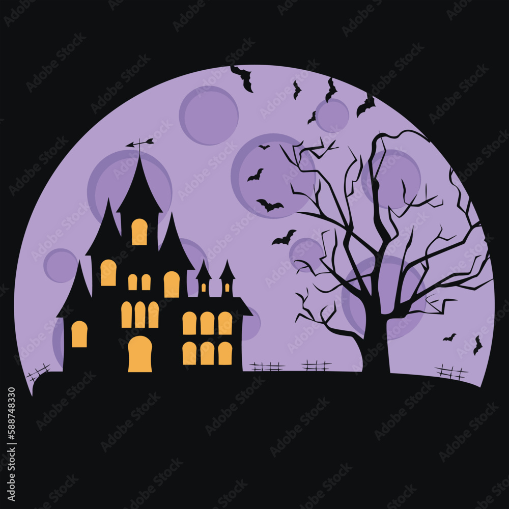 Haunted House with moon and tree Vector illustration Artwork