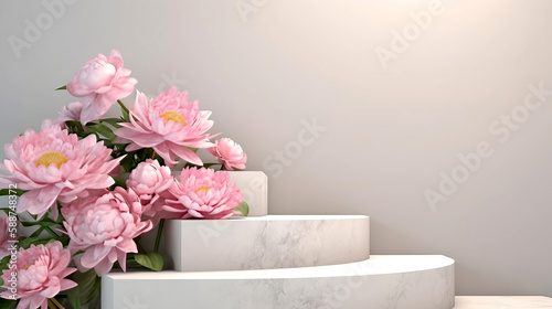 white step podium with peony flowers