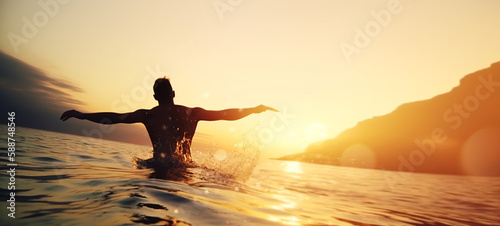 A happy young man jumping into the tropical sea at sunset as an image of a happy life on a journey. Sunset over tropical beach and splashing water drops. Summer vacation concept