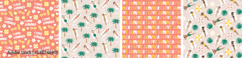 I love Summer beach holiday seamless repeat pattern. Digital printable paper. People sunbathing.