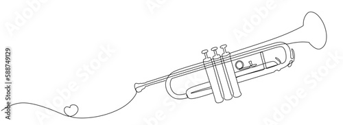 Continuous one line drawing of trumpet music instrument on white background. Vector illustration 