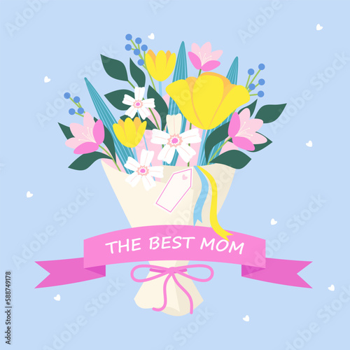 Flower bouquet with cute spring flowers. Happy Mother's Day. Card and poster template for the spring holiday. Vector illustration in flat style
