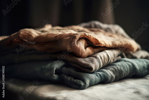 Hand-dyed raw linen fabric in earthy tones. Generative AI.