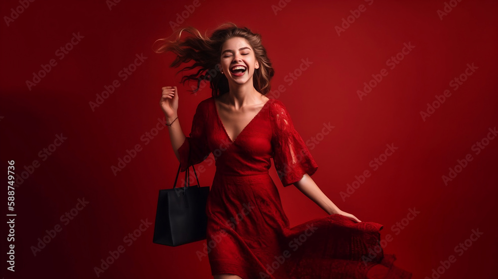 Cheerful happy woman enjoying shopping, red background. Generative AI. Cheerful happy woman enjoying shopping, red background. Generative AI.