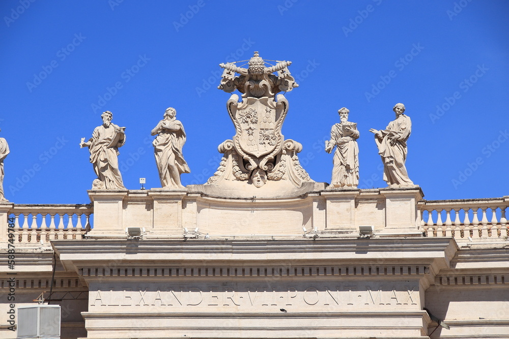 St. Peter's Basilica Colonnade Top Sculptures Close Up in Rome, Italy